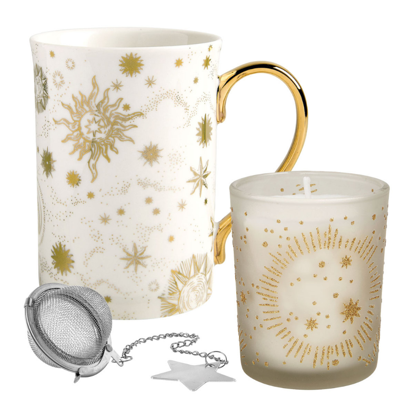 Set de taza mug con infusor y vela perfumada “Thé de Fête”